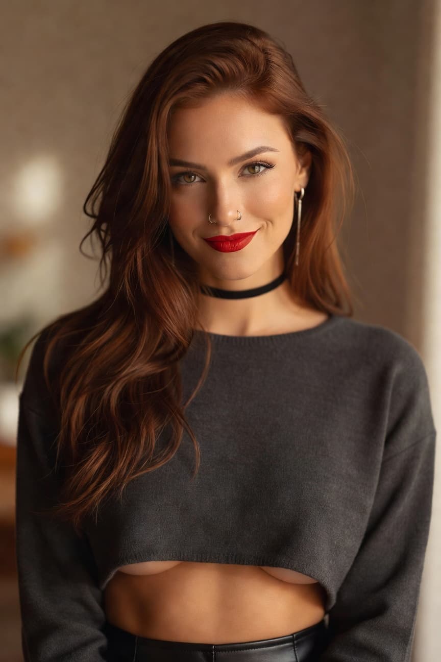 A radiant woman with flowing auburn hair smiles playfully at the camera in a cozy cropped sweater.
