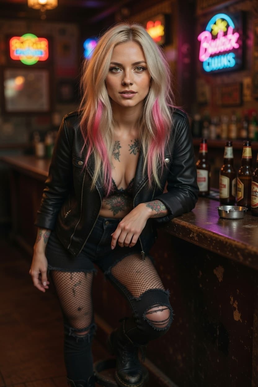 A striking woman with colorful hair leans against a neon-lit bar counter in a confident pose.