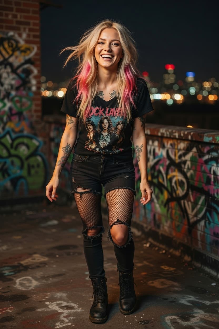 A radiant young woman with pink-tipped blonde hair smiles playfully on a graffiti-covered rooftop at night with city lights sparkling behind her.