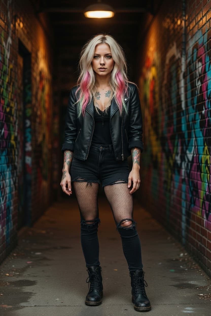A striking woman with pink-tipped hair stands confidently in a graffiti-covered urban alleyway.