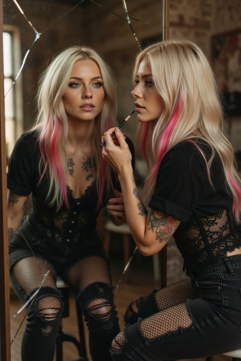 Blonde woman with pink hair streaks applies lipstick while gazing into a shattered mirror.