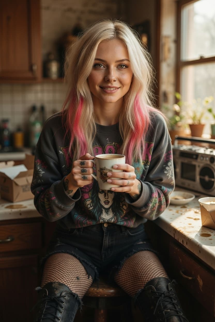 A radiant young woman with pink-tipped blonde hair sits in a sunlit kitchen holding a warm mug and smiling softly at the viewer.