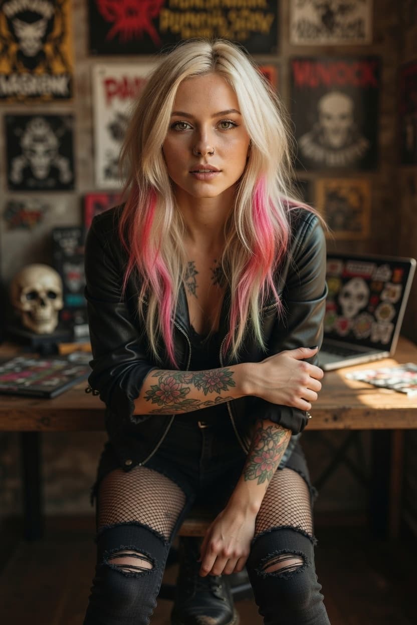A confident woman with pink-streaked blonde hair and tattoos sits poised in a leather jacket against a backdrop of vintage posters.