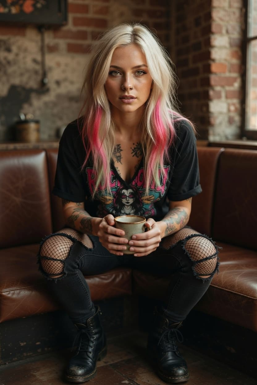 A confident woman with pink-tipped blonde hair sits on a leather couch holding a warm mug in a cozy industrial loft.