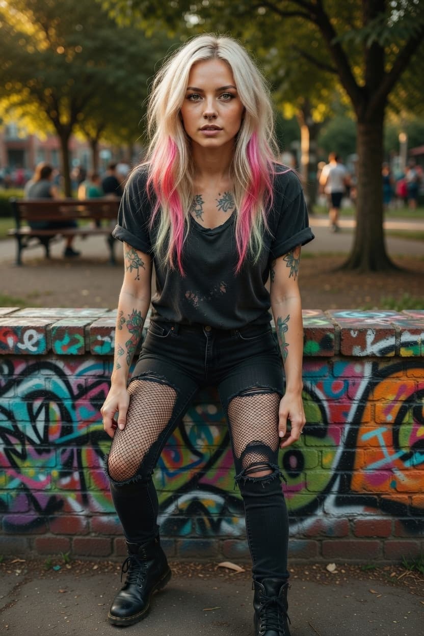 A confident woman with pink-tipped hair sits on a colorful graffiti wall in a park during golden hour.