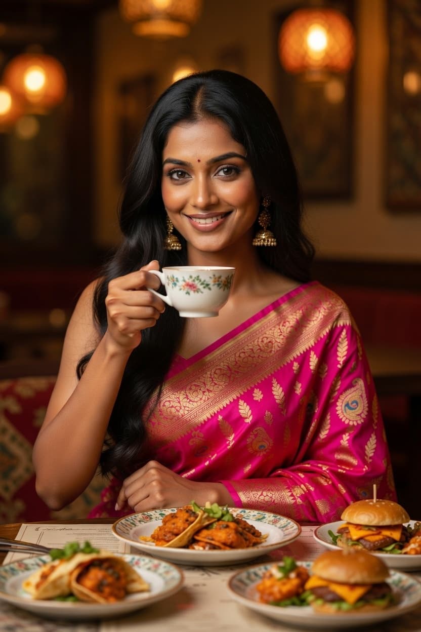 A radiant woman in a vibrant pink saree smiles while enjoying a cup of coffee at a restaurant table filled with delicious food.