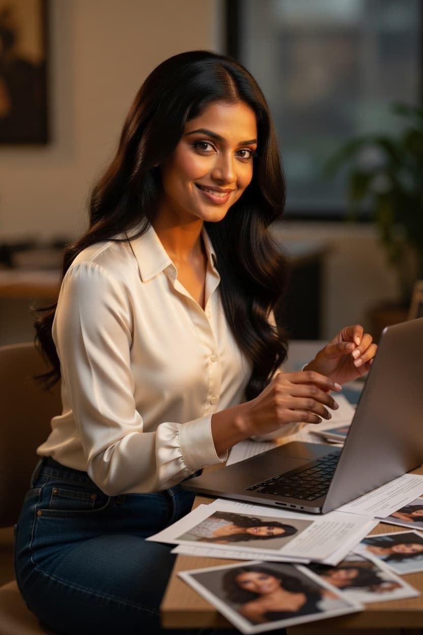 A poised woman smiles confidently while reviewing photos on her laptop at a cozy workspace.