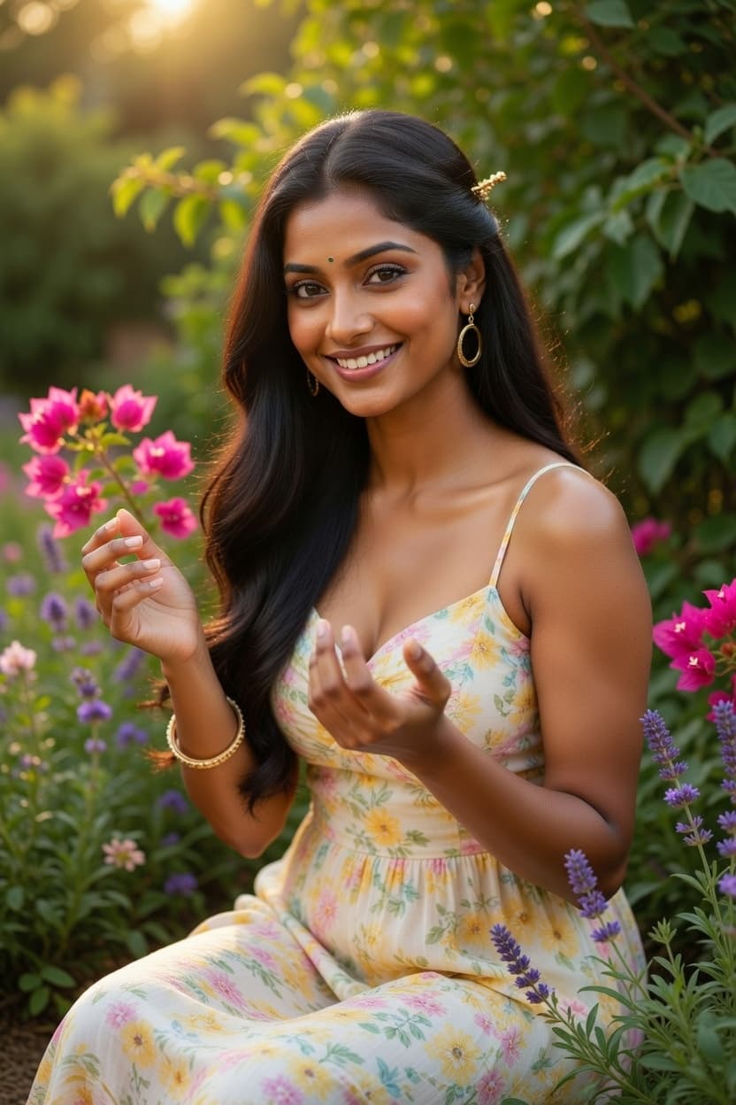 A radiant woman in a floral sundress smiles playfully while holding vibrant pink flowers in a sunlit garden.