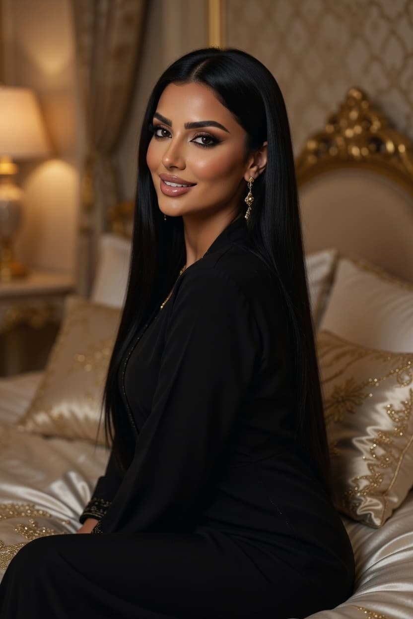 A poised woman in a sleek black dress sits on a luxurious bed with ornate gold details.