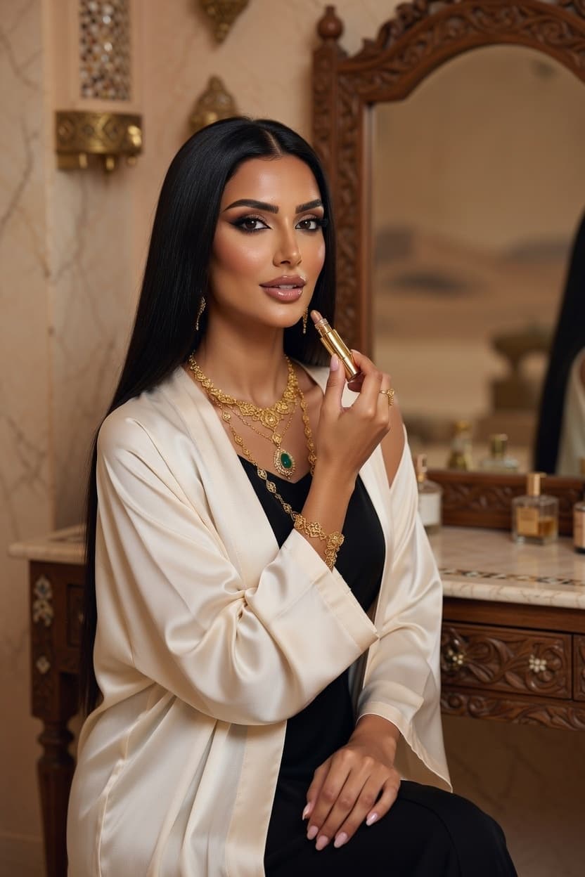 Elegant woman in silk robe applies lipstick at ornate vanity mirror.