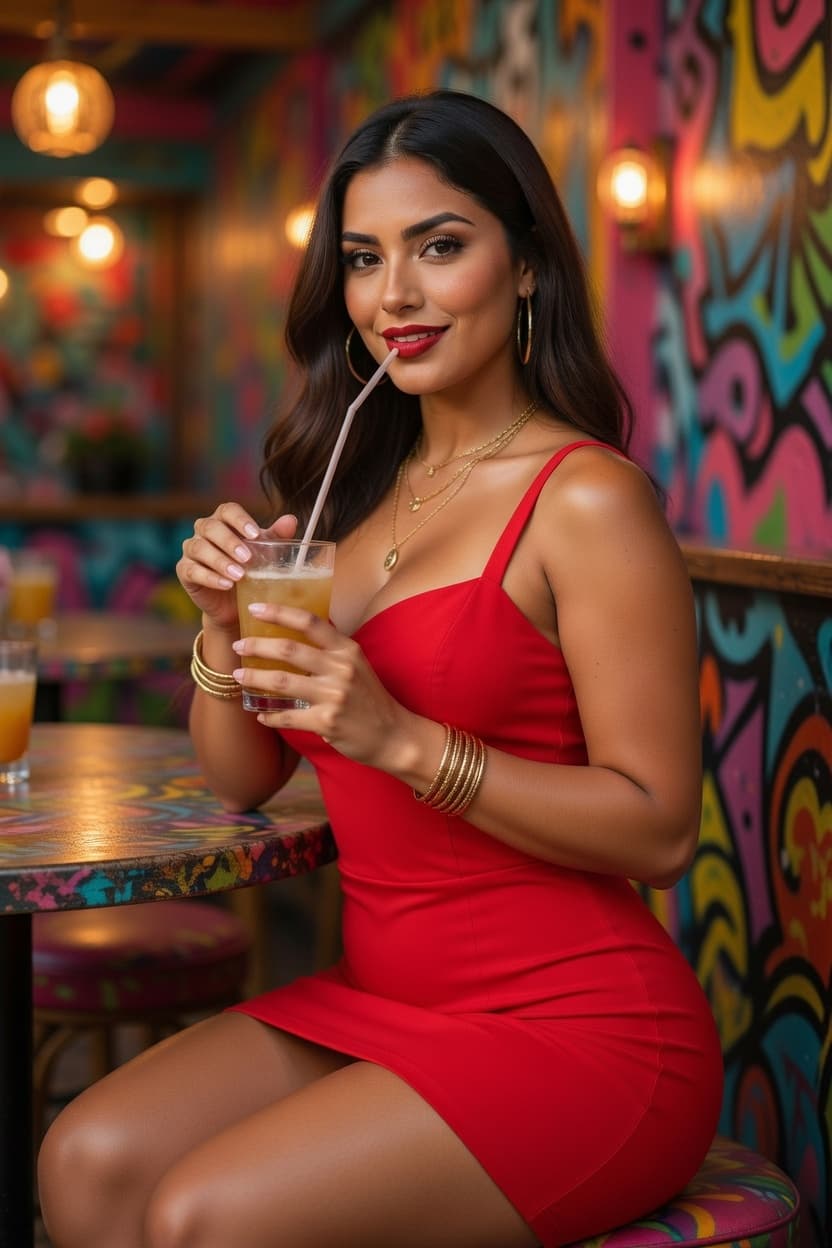 A radiant woman in a striking red dress enjoys a refreshing drink at a vibrant, colorful restaurant.