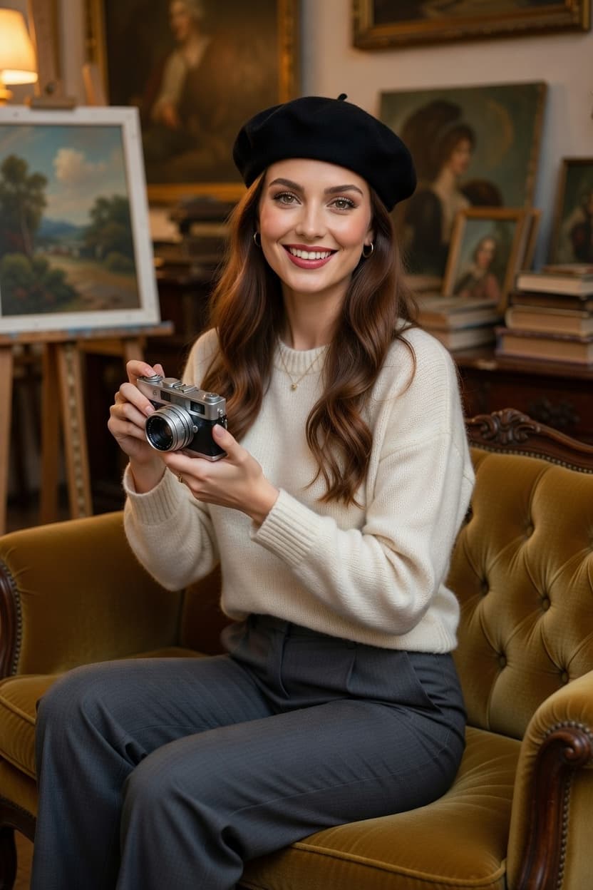 A radiant woman in a cozy knit sweater smiles while holding a vintage camera in a sunlit art studio.