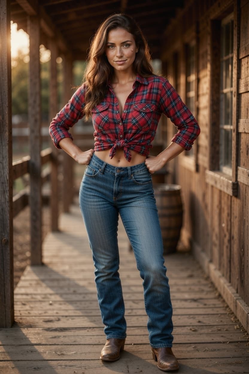 A confident woman stands on a wooden porch at golden hour with hands on her hips.