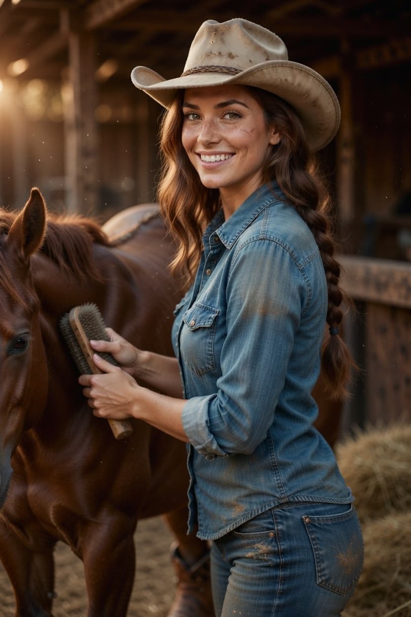 A radiant woman in a cowboy hat smiles while brushing a brown horse at a sunlit stable.