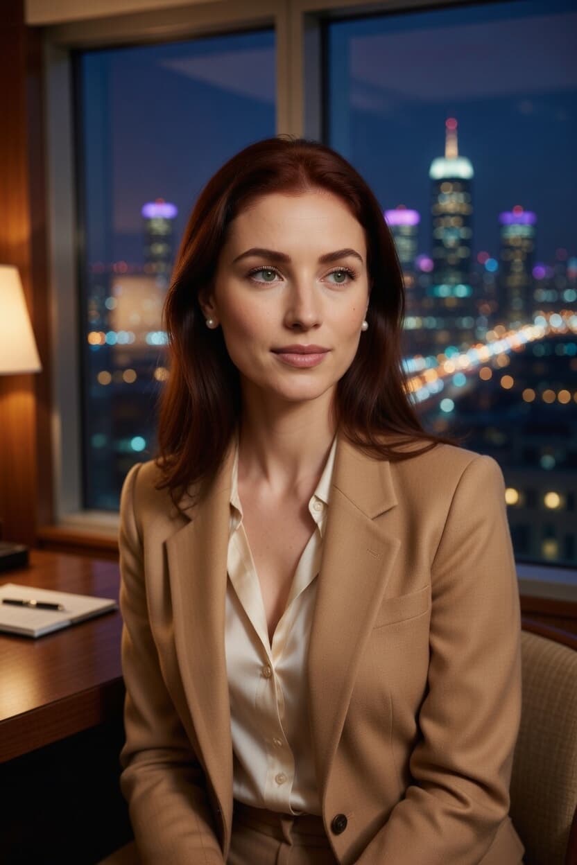 A poised woman in a tan blazer gazes directly at the camera with a city skyline twinkling at night behind her.