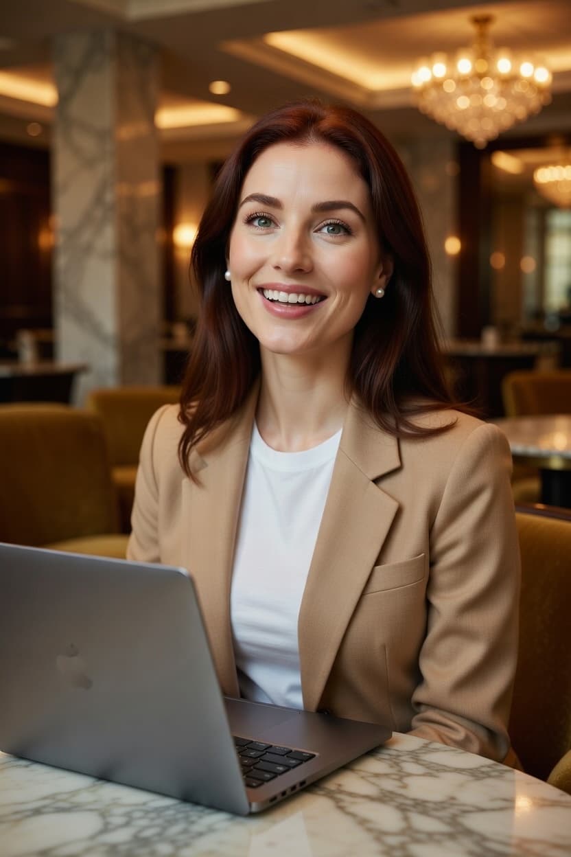 A poised professional smiles confidently while working on her laptop in an upscale cafe.