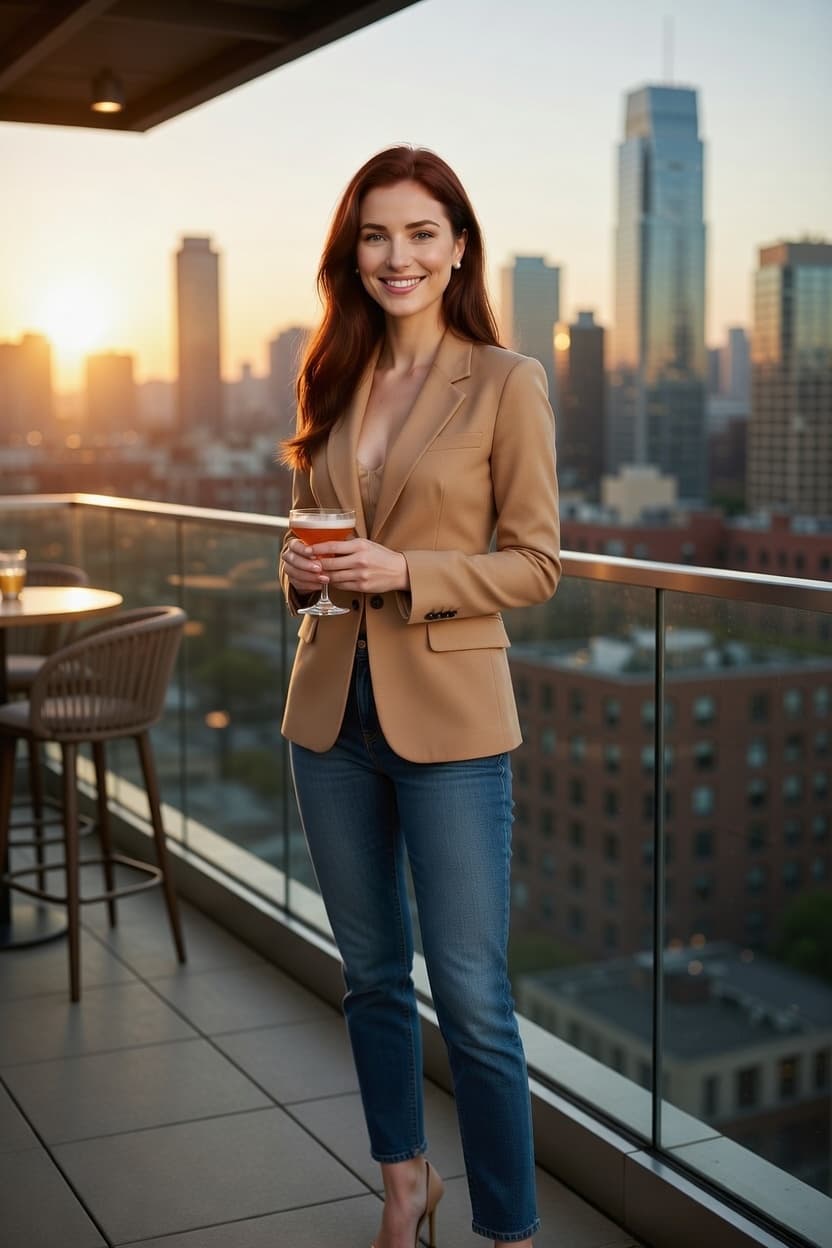 A poised woman stands on a high-rise balcony at sunset, smiling warmly while holding her coffee and overlooking the glowing city skyline.