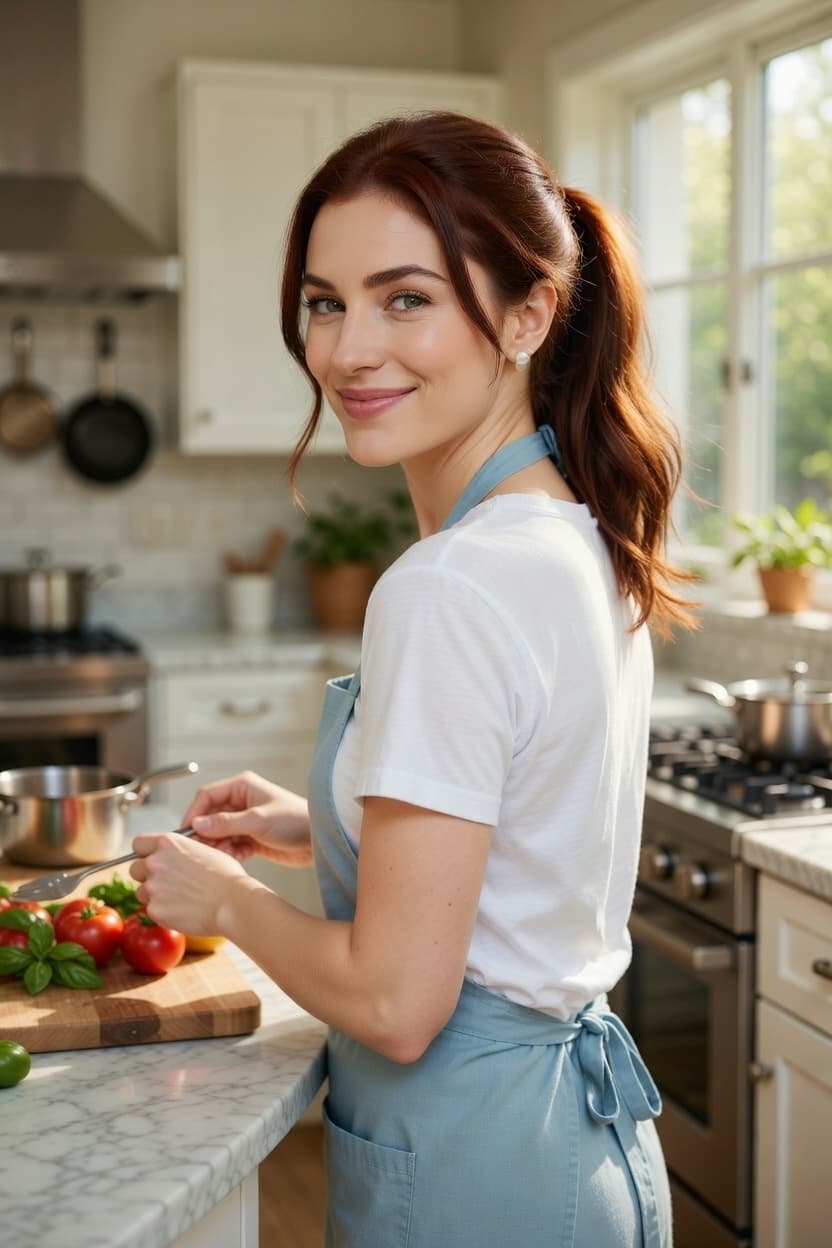 A radiant woman smiles over her shoulder while chopping fresh vegetables in a sunlit kitchen.