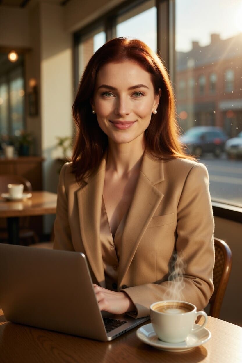 A poised professional enjoys her coffee while working on her laptop in a sunlit cafe.