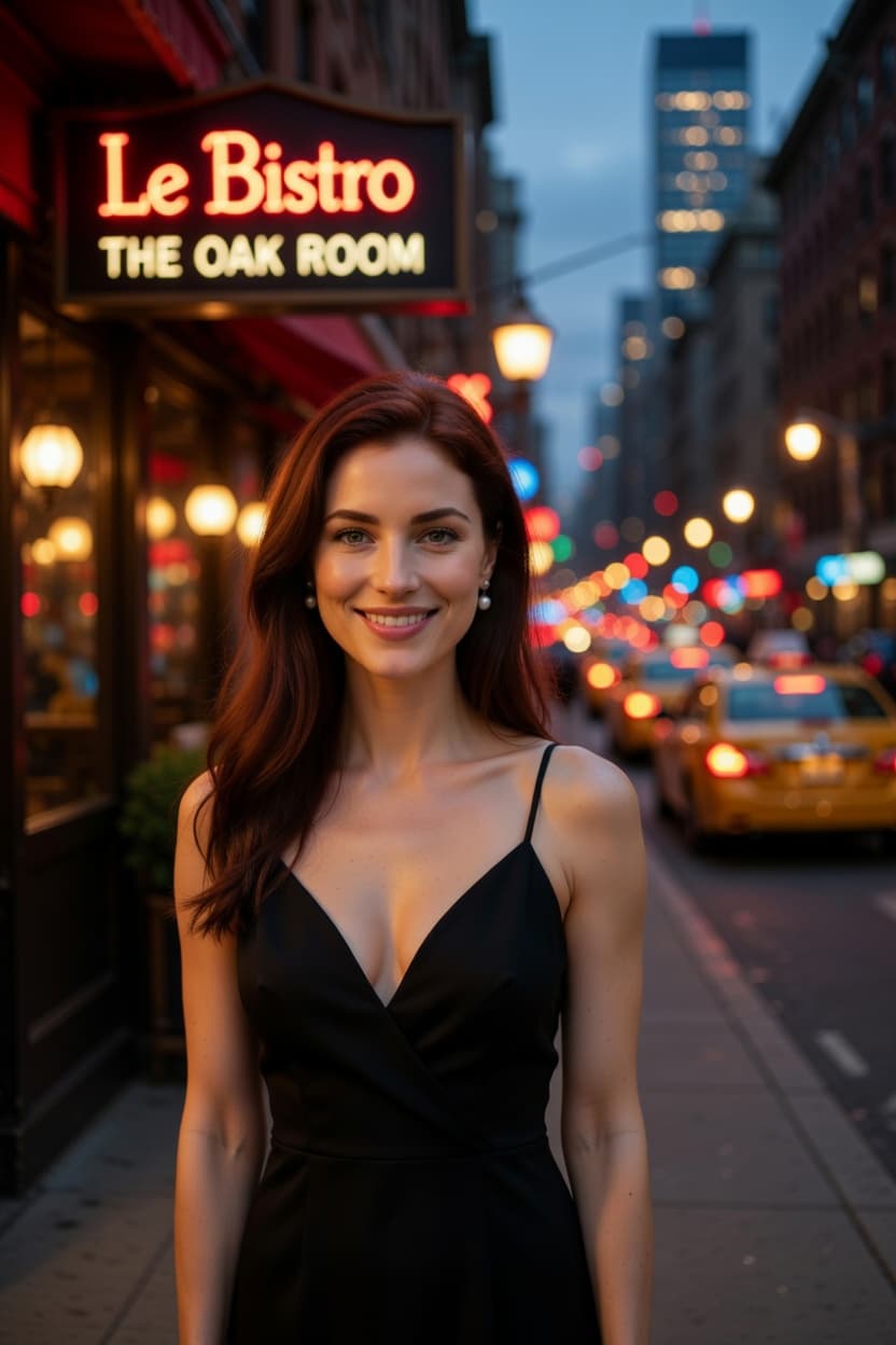 A poised woman in a sleek black dress smiles warmly on a glowing city street at dusk.