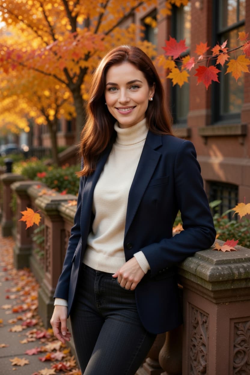 A poised woman in a navy blazer leans against a stone railing amid vibrant autumn foliage.