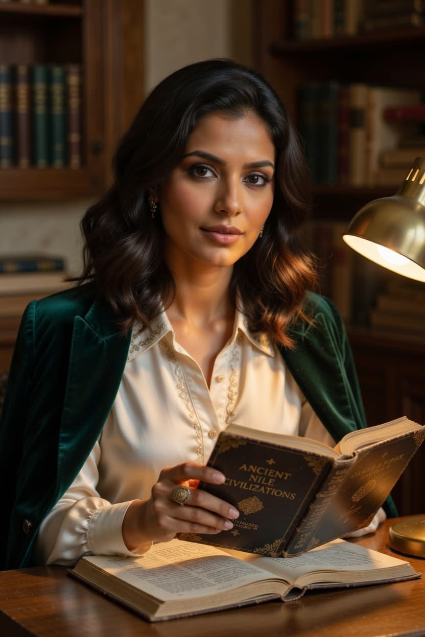 A poised woman in an emerald blazer reads an ancient tome by lamplight in a book-filled library.