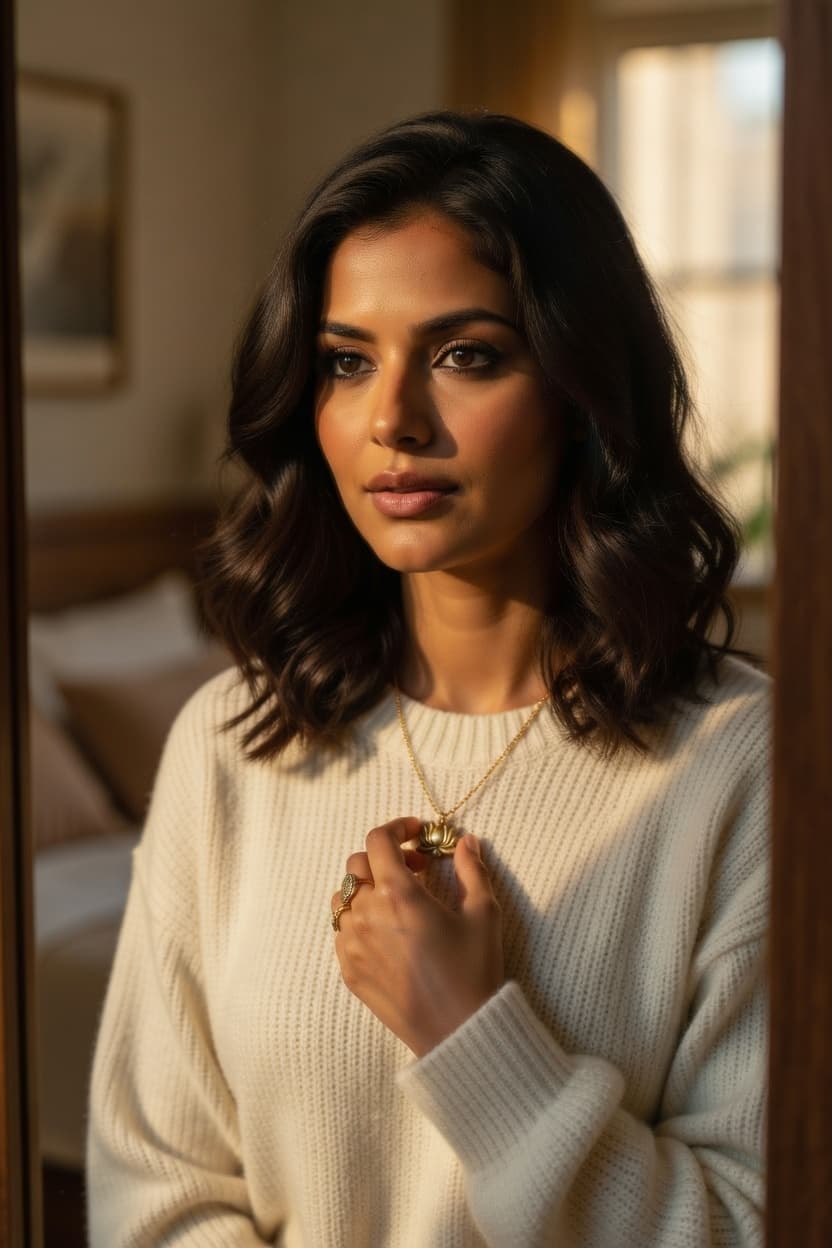 A woman in a cream knit sweater stands in soft golden light, gently holding her necklace with a serene expression.