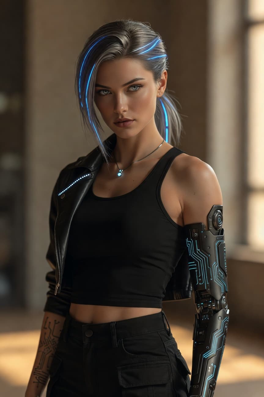 A striking woman with a glowing cybernetic arm stands confidently in warm light.