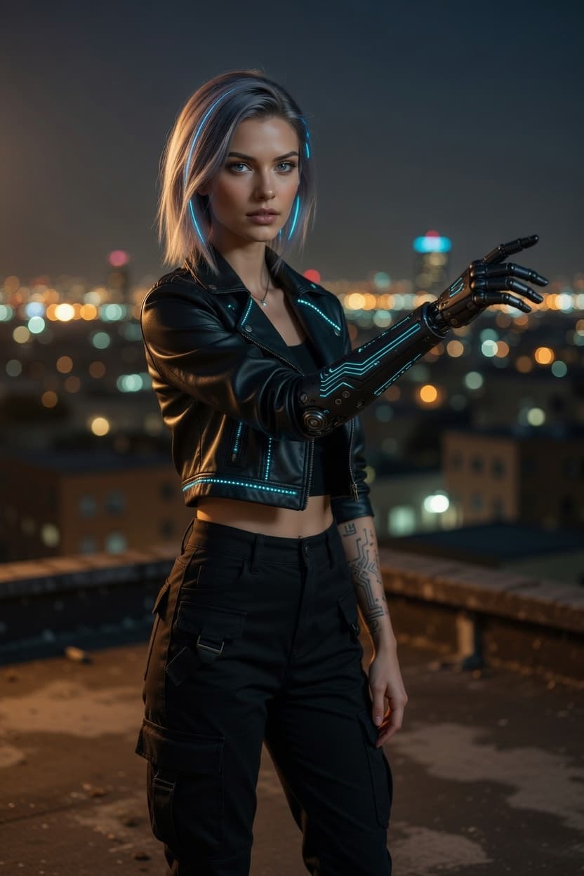 A poised woman with a cybernetic arm stands on a rooftop overlooking the glowing city at night.