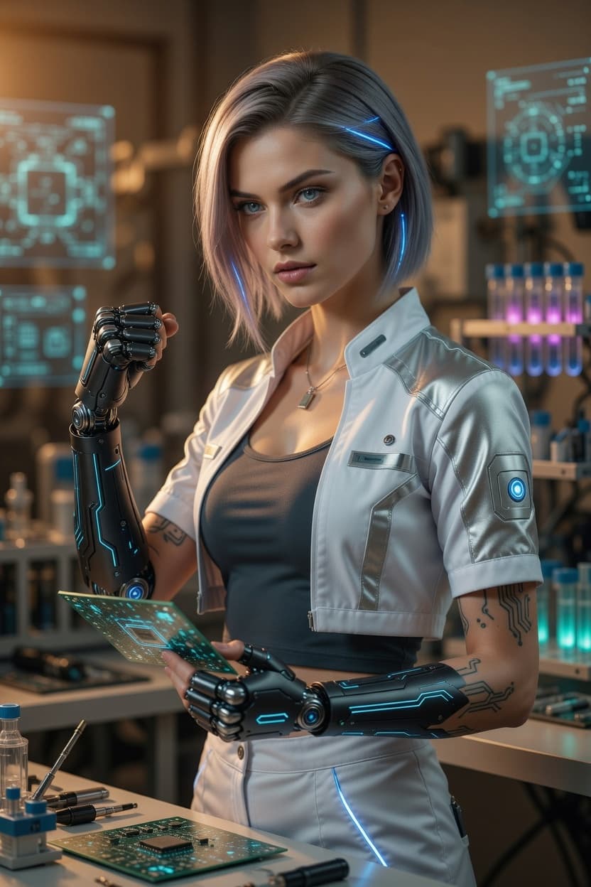 A poised woman with cybernetic arms examines a glowing circuit board in a high-tech lab.