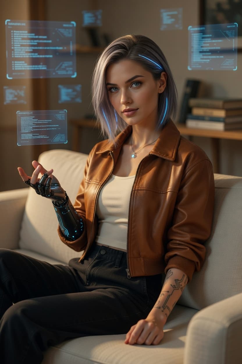 A poised young woman with cybernetic arm sits on a sofa surrounded by glowing holographic code interfaces.