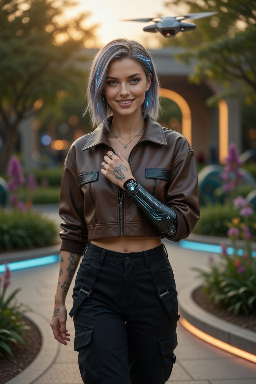 A confident young woman with colorful hair and a cybernetic arm smiles at the camera during golden hour in a landscaped garden.