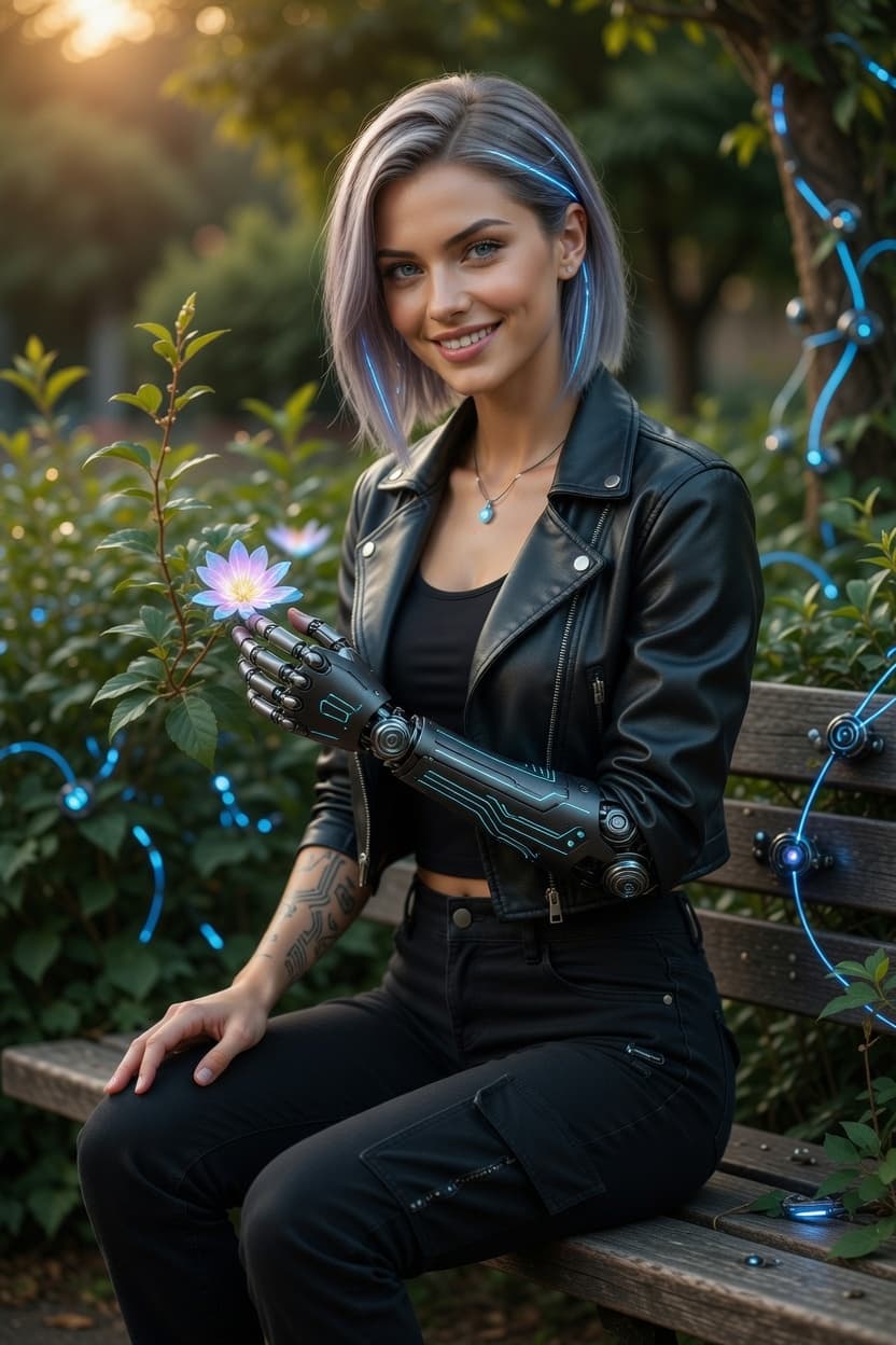 A woman with a cybernetic arm sits on a park bench holding a glowing flower during golden hour.