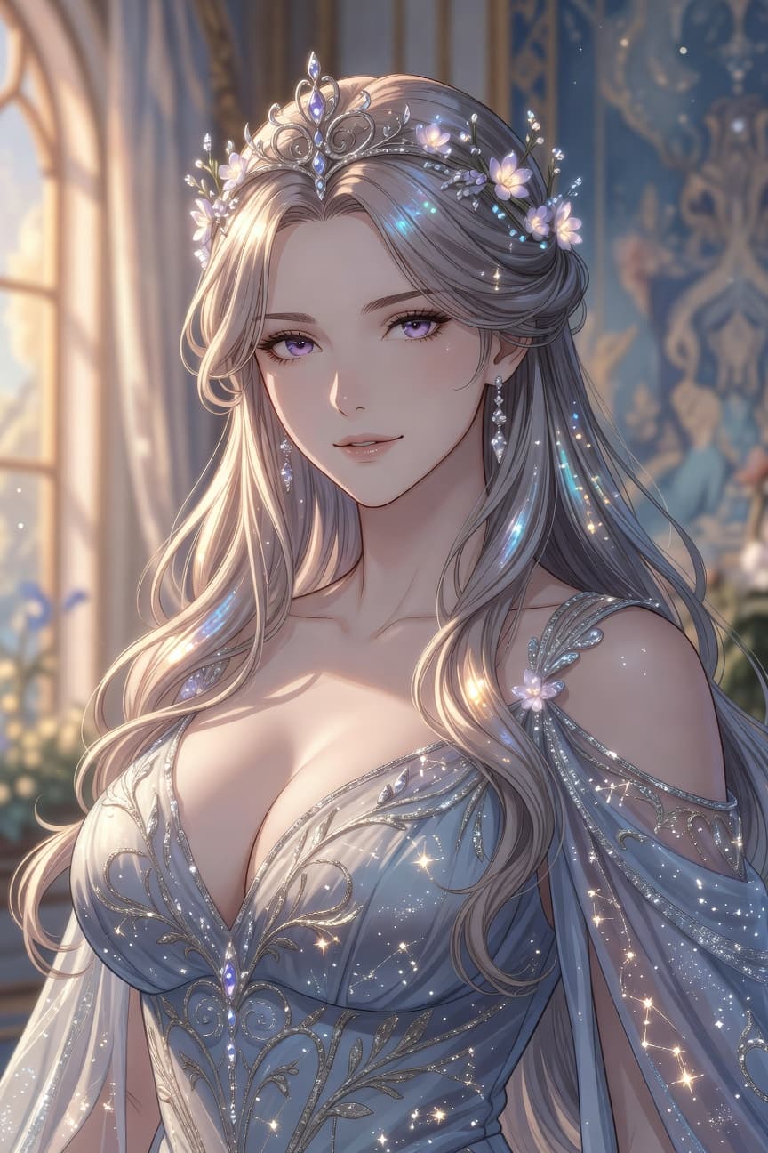 A radiant princess in a sparkling blue gown gazes softly in an elegant sunlit chamber.