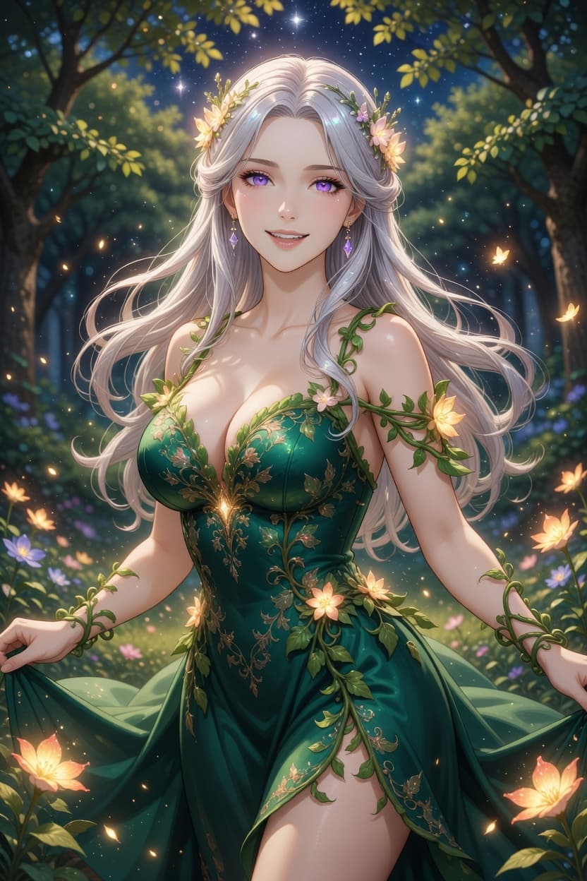 A radiant woman in an emerald gown adorned with glowing flowers stands gracefully in an enchanted forest at night.