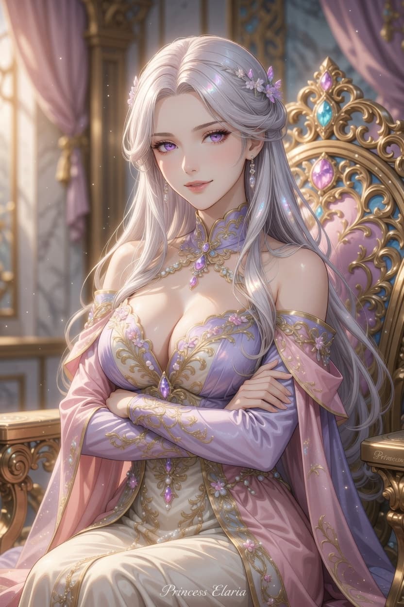 Elegant princess with flowing silver hair sits poised in an ornate royal chair bathed in soft light.