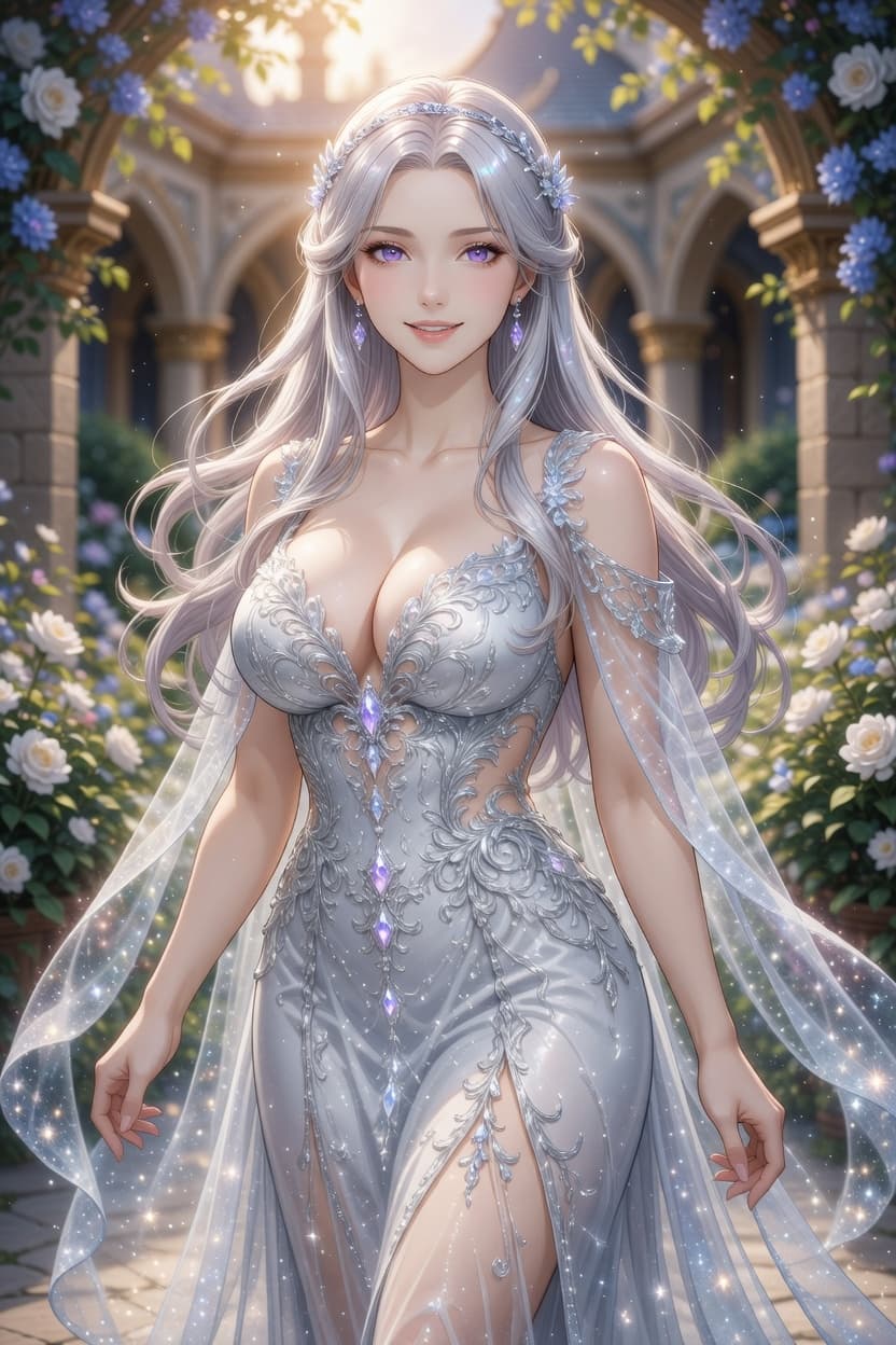 A graceful woman in an ornate silver gown stands serenely amid blooming flowers in a sunlit garden.