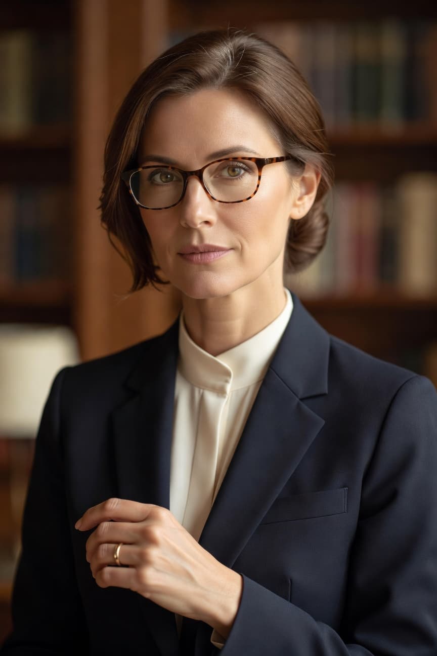 A poised professional woman in a tailored navy blazer gazes directly at the viewer in a library setting.