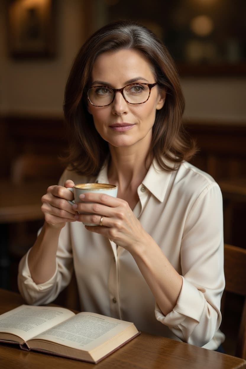 A poised woman with glasses enjoys a warm cup of coffee while reading an open book at a cafe table.