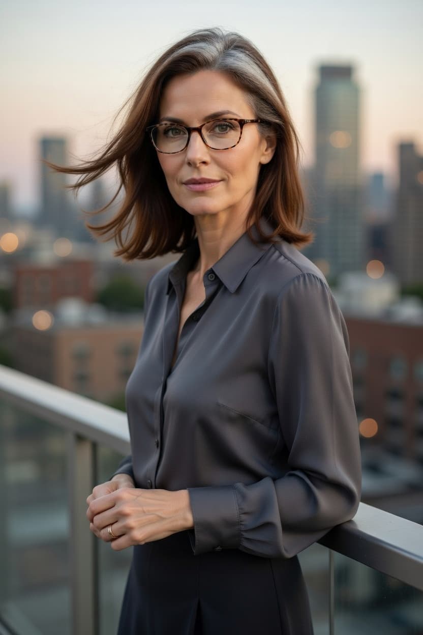 A poised woman with flowing hair leans against a balcony railing overlooking the city skyline at golden hour.