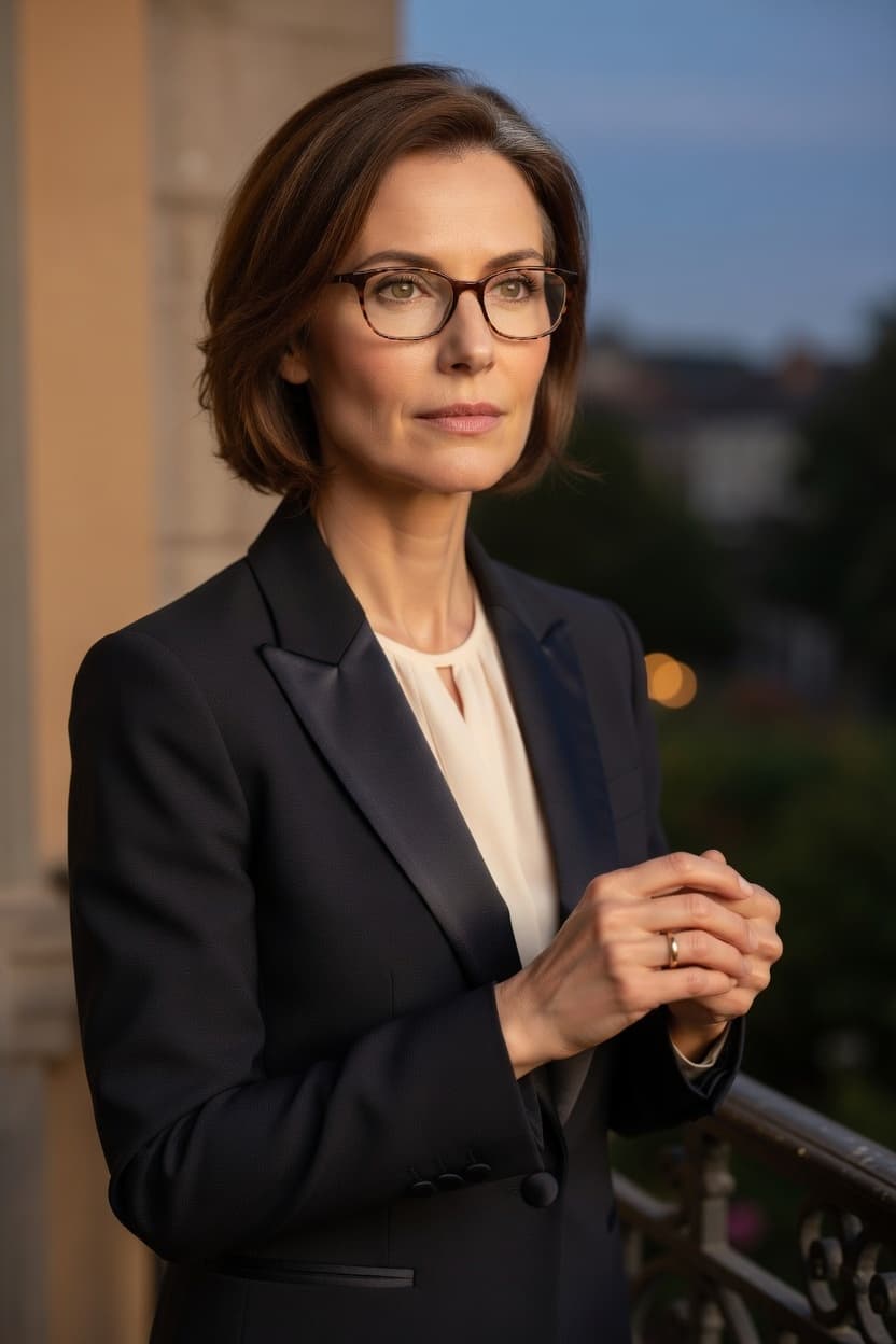 A poised woman in a tailored black blazer stands on a balcony at dusk, gazing confidently at the viewer.