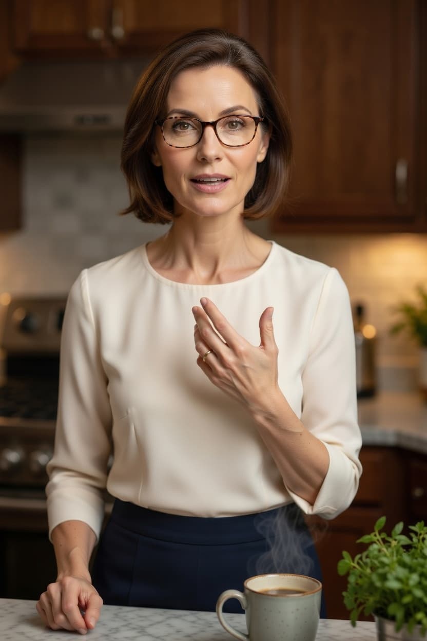 A poised woman in a cream blouse stands in her kitchen holding a steaming cup of coffee.