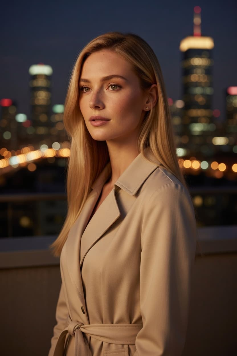 A poised woman in a beige trench coat stands on a city rooftop at night with illuminated skyscrapers behind her.