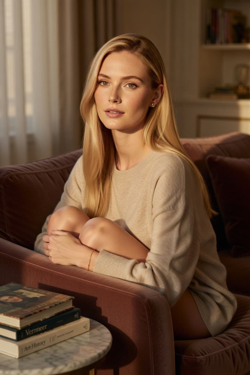 A radiant blonde woman sits pensively on a cozy couch with a stack of books nearby, bathed in warm golden light.