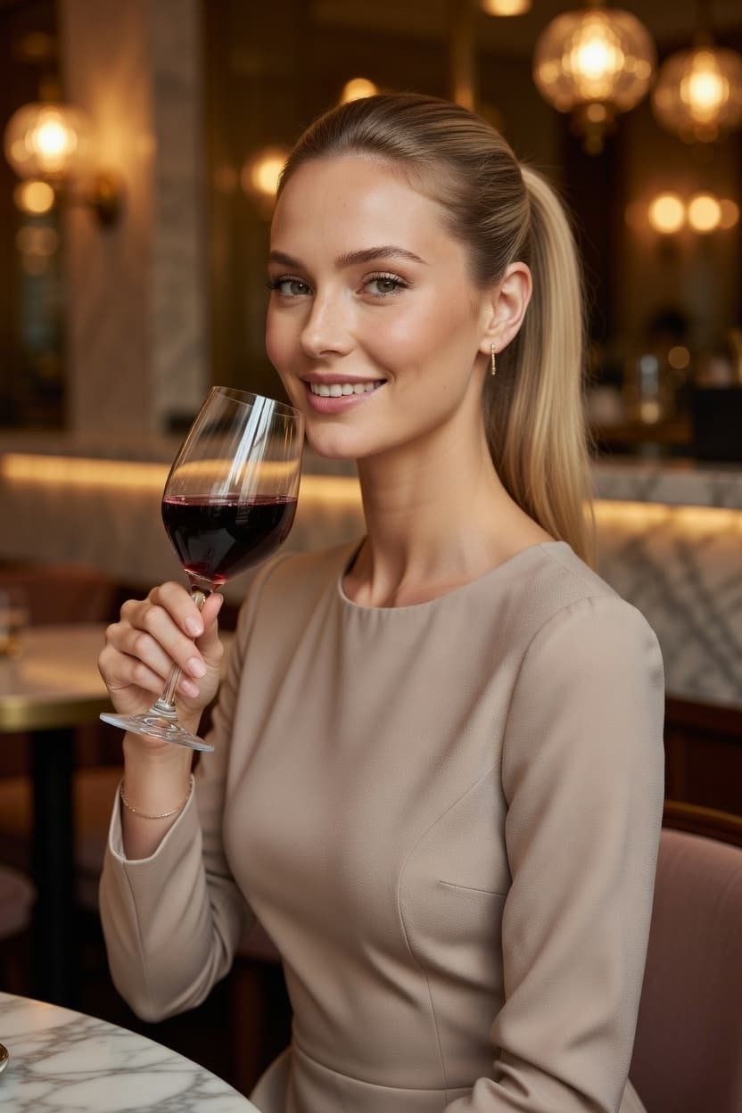 Elegant woman with a high ponytail smiles while holding a glass of red wine in a warmly lit restaurant.
