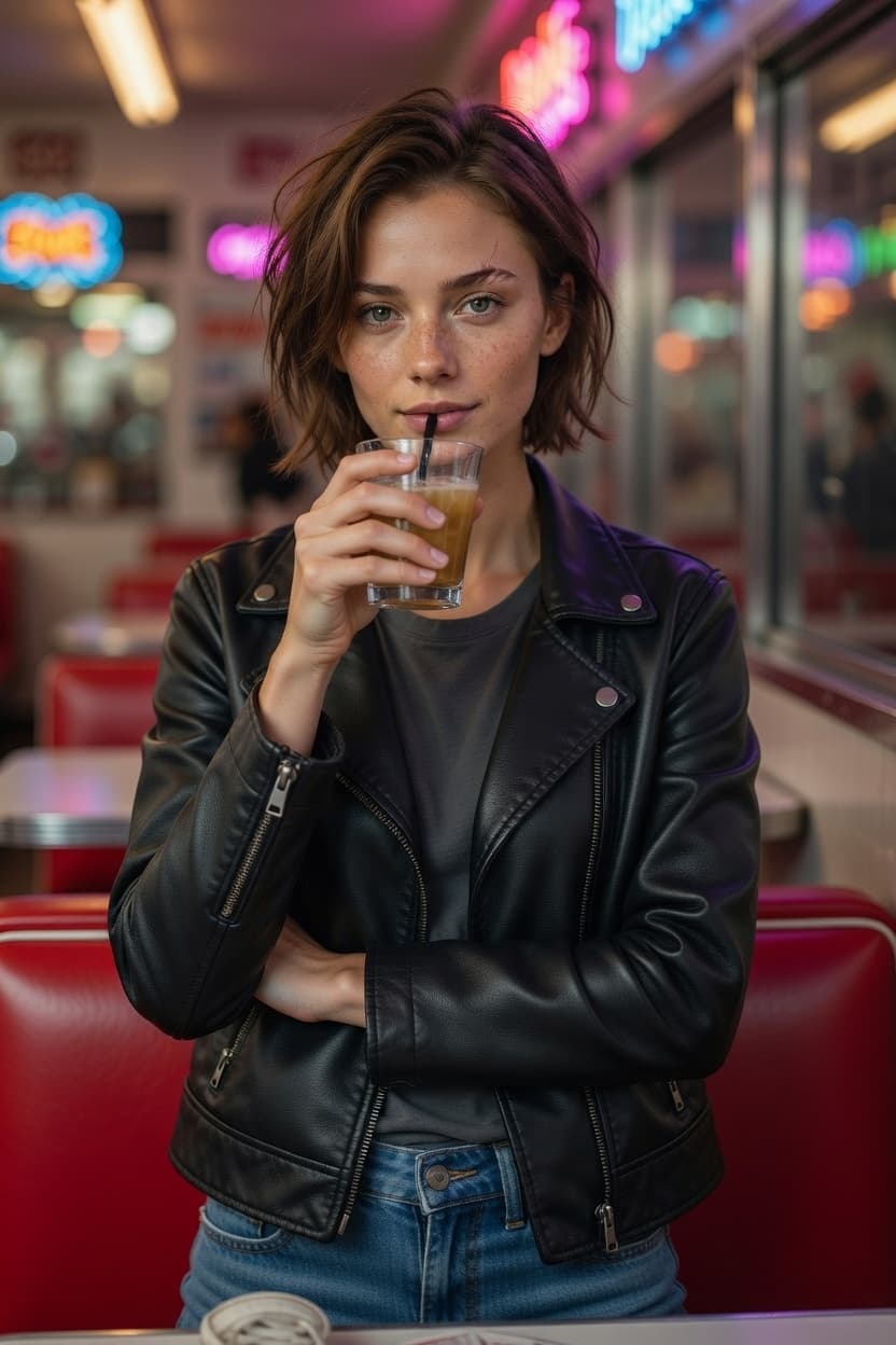 A poised woman in a black leather jacket sips an iced drink while seated in a vibrant retro diner at night.