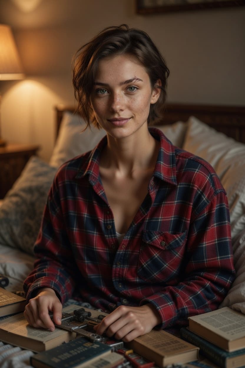 A young woman in plaid pajamas sits cozily in bed surrounded by books, gazing directly at the viewer with a gentle smile.