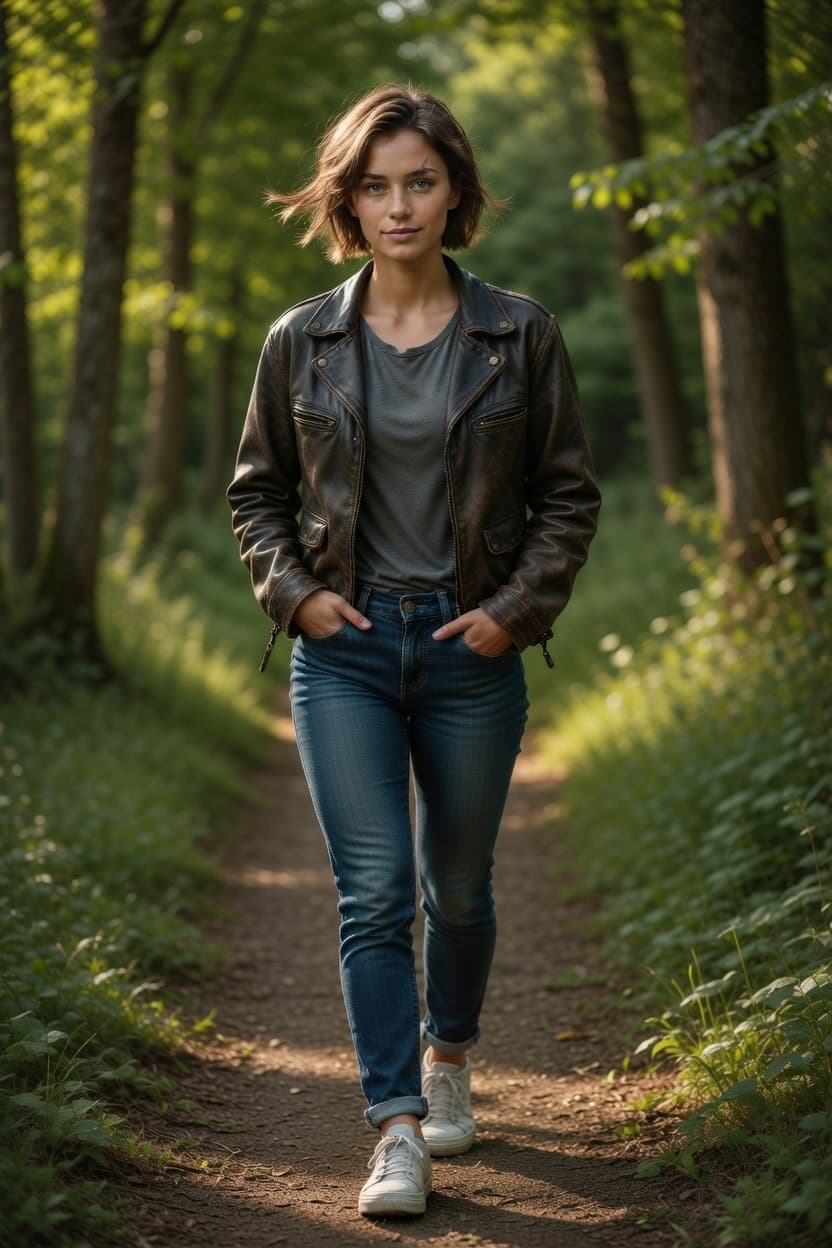 A confident young woman walks along a sunlit forest path with hands in her jean pockets.
