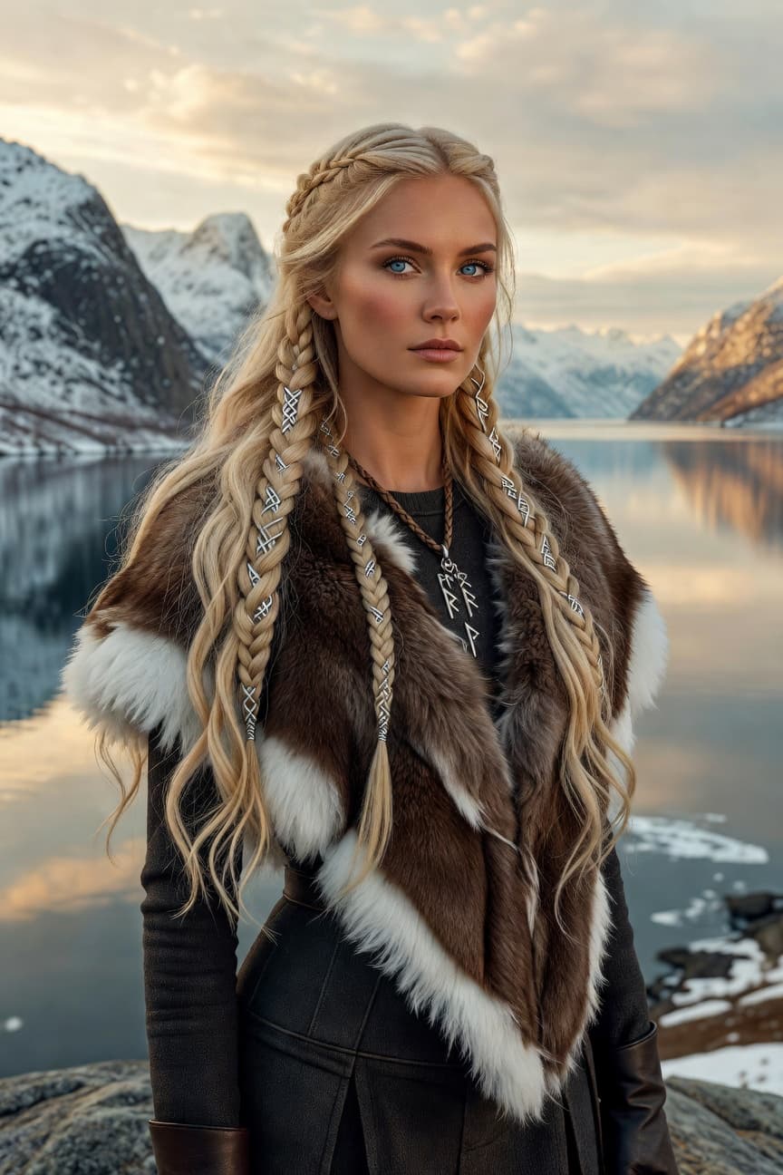 A poised woman with intricate blonde braids stands by a mountain lake at golden hour, wearing a luxurious fur-trimmed vest.