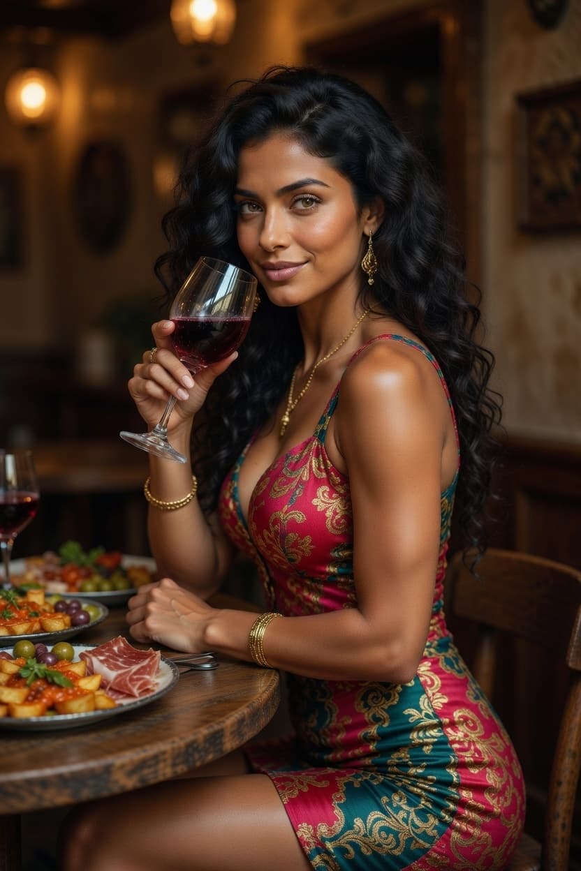 A radiant woman in a colorful dress enjoys a glass of red wine at a candlelit dinner table.